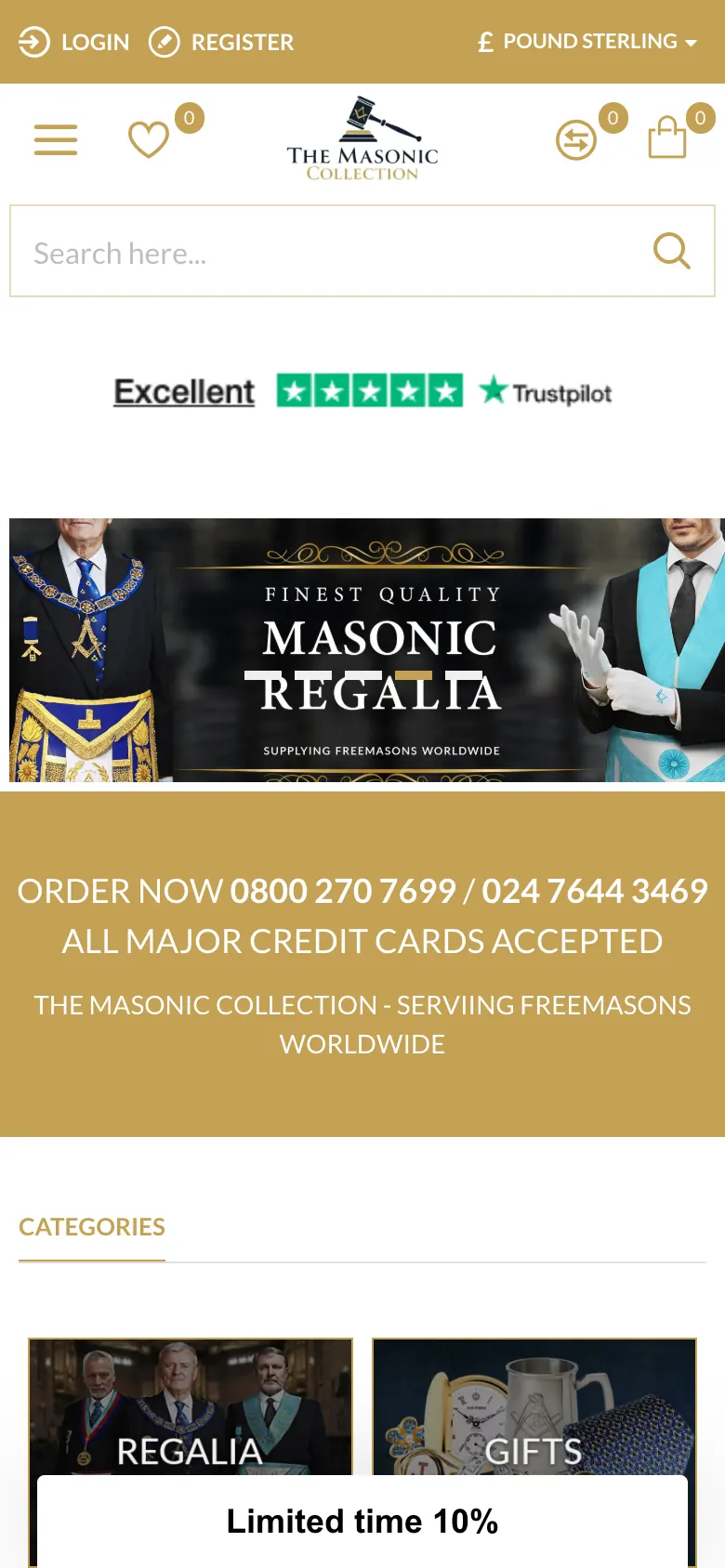 The Masonic Collection website on a phone