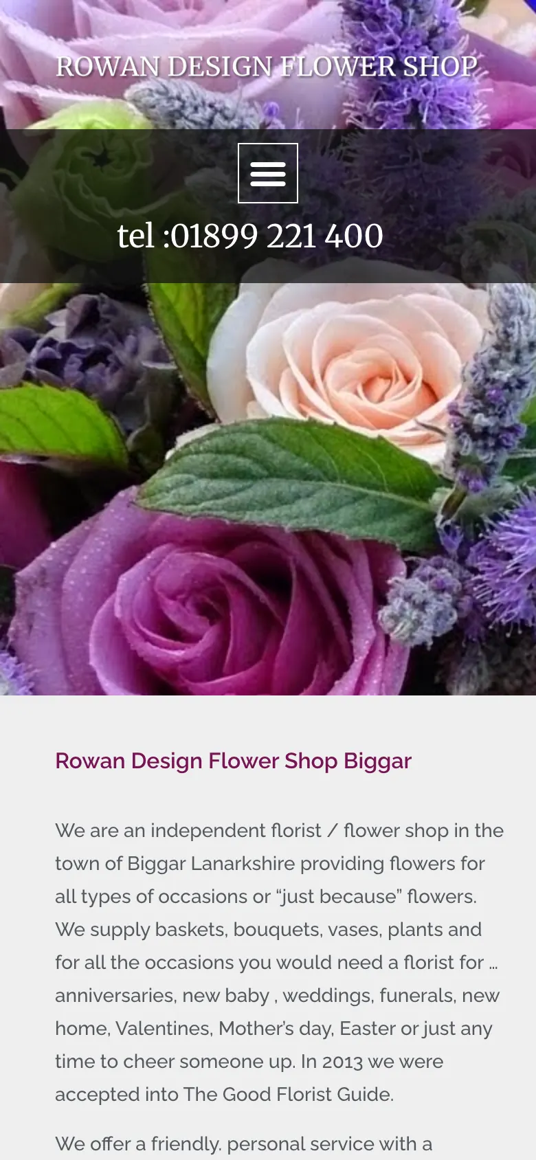 Rowan Design Flower Shop website on a phone
